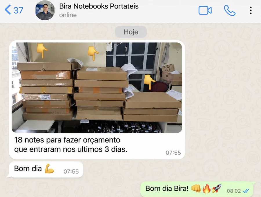 Print de conversa no WhatsApp: Bira Notebooks Portáteis relatando 18 notebooks para orçamento em 3 dias