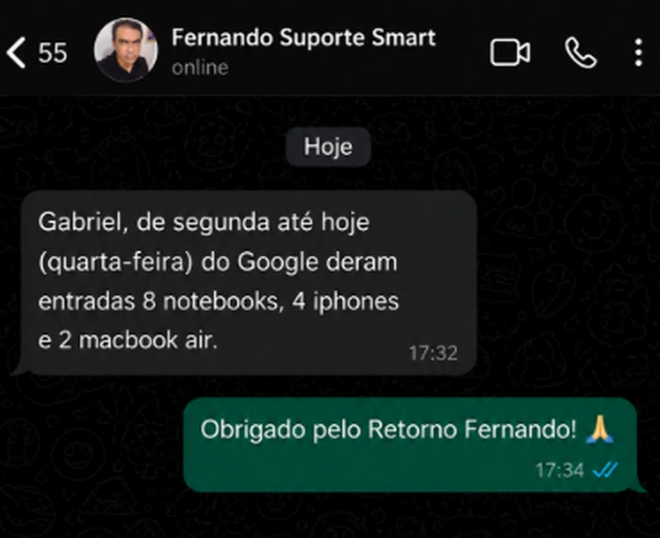 Print de conversa no WhatsApp: Fernando da Suporte Smart relatando 8 notebooks, 4 iPhones e 2 MacBook Air em 3 dias vindos do Google