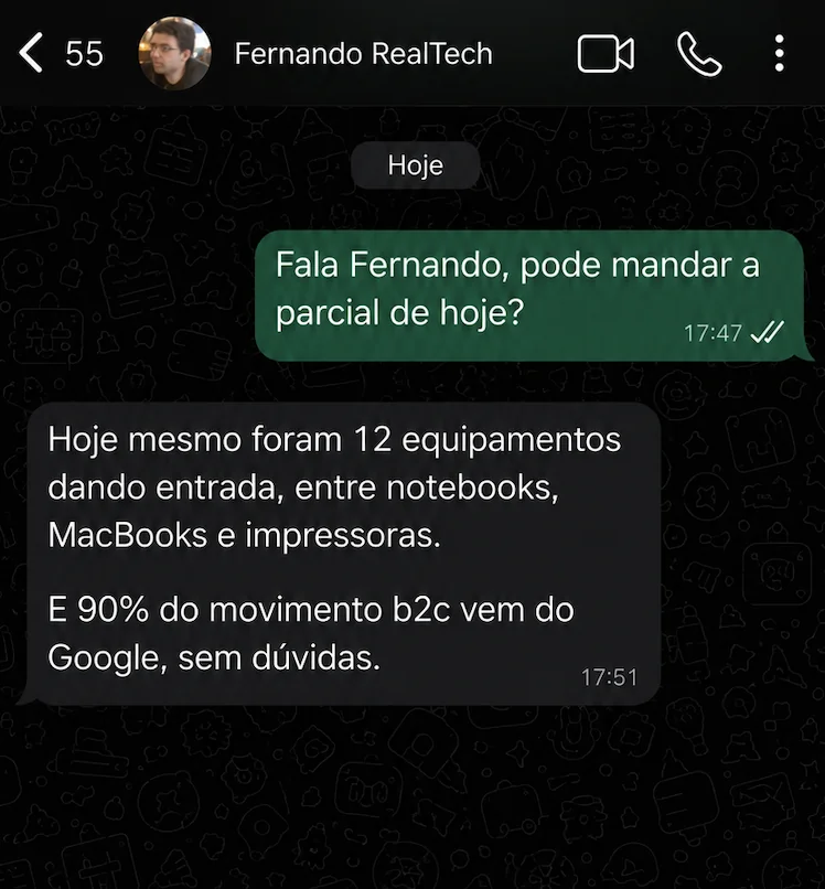 Print de conversa no WhatsApp: RealTech relatando 12 equipamentos em 1 dia
