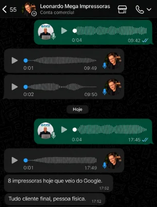 Print de conversa no WhatsApp: Mega Impressoras relatando 8 impressoras vindas do Google em 1 dia